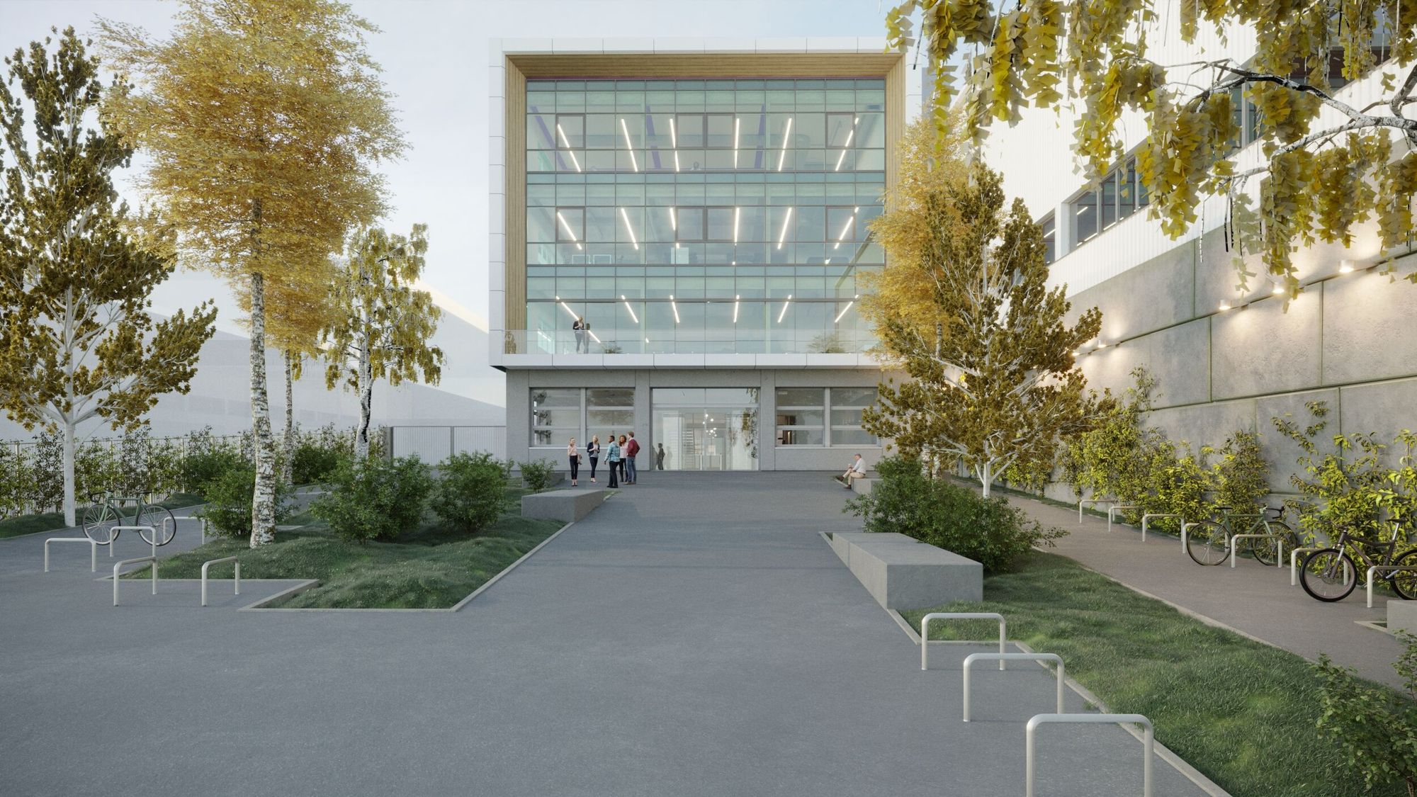 Das Gebäude öffnet sich dank seines eigenen Zugangs nach aussen. Es soll auch für externe Partner einfach zugänglich sein (Bild: Uze AG).